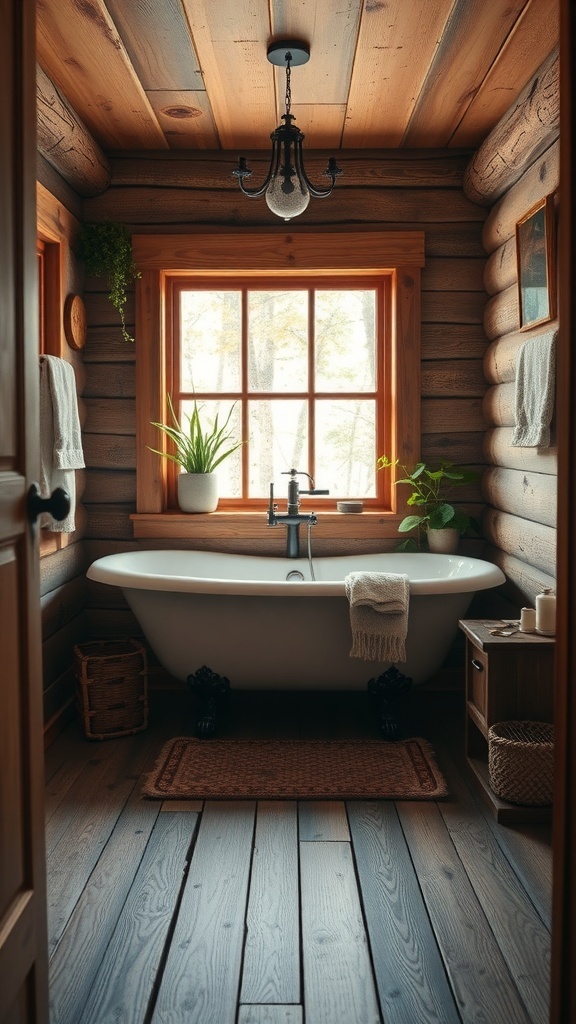 A rustic bathroom featuring wooden walls, a freestanding tub, and natural light.