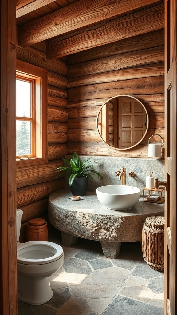 A rustic bathroom featuring wooden walls, a stone sink, and natural decor.