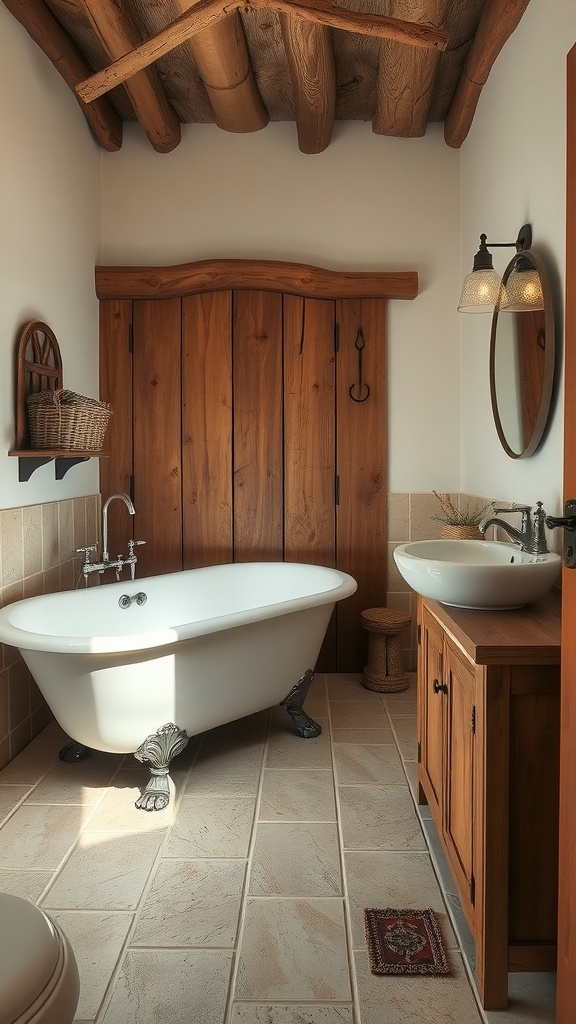 A rustic bathroom featuring wooden accents, a clawfoot tub, and warm lighting.