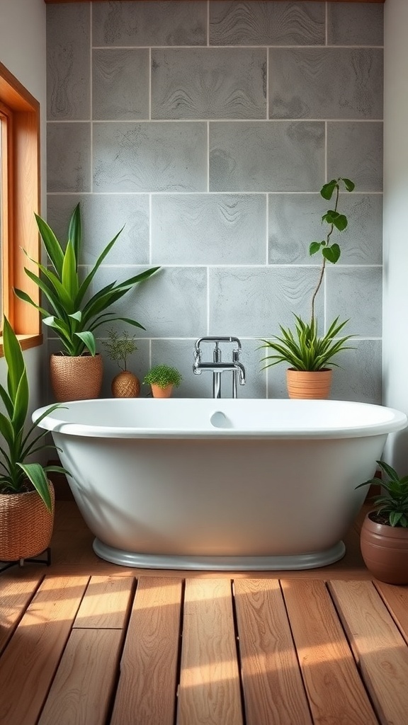 A rustic bathroom featuring a freestanding white bathtub surrounded by plants and wooden flooring.