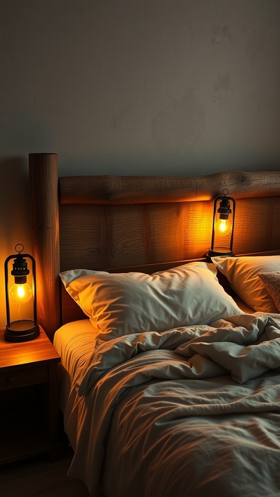 A rustic bed with lantern-style bedside lamps casting a warm glow.