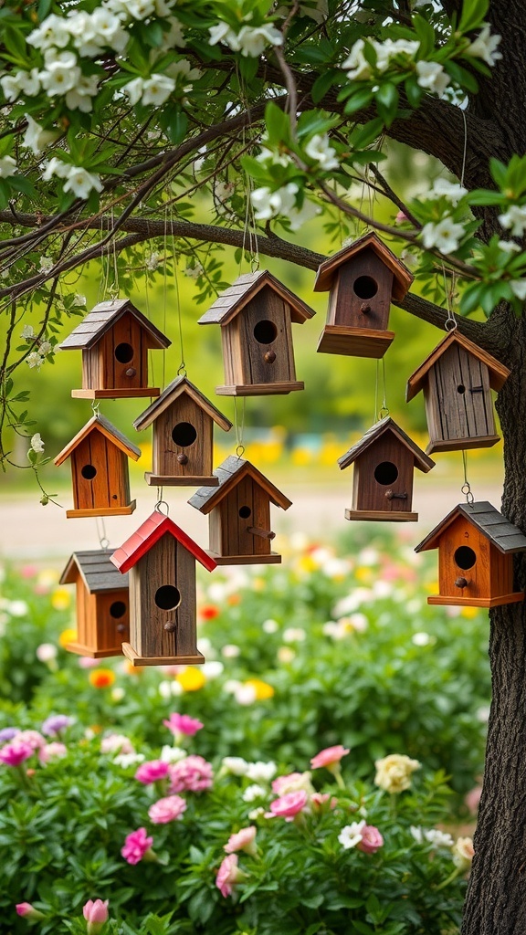 A collection of rustic birdhouses hanging from a tree, surrounded by colorful flowers.