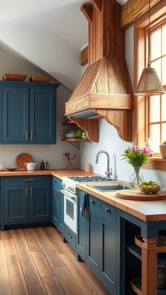 A rustic kitchen featuring blue cabinets, natural wood countertops, and open shelving with kitchenware and plants.