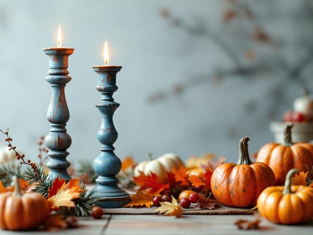 Two rustic blue candle holders with candles, surrounded by autumn leaves and pumpkins on a table.