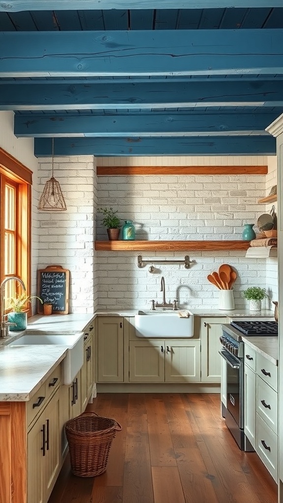 A rustic kitchen featuring blue beams, white brick walls, and soft green cabinetry.