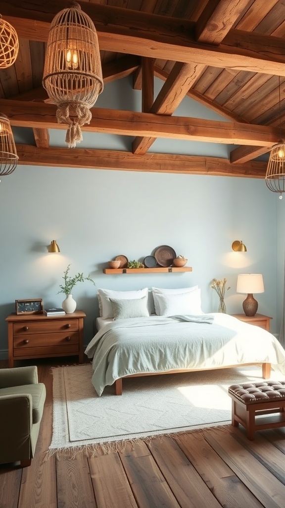 A rustic light blue bedroom featuring wooden beams, soft bedding, and natural decor.