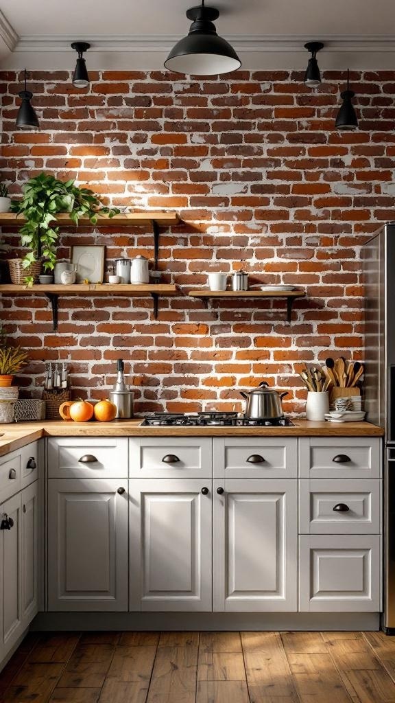 A cozy kitchen featuring a rustic brick wall, white cabinets, wooden countertops, and open shelving with decorative items.