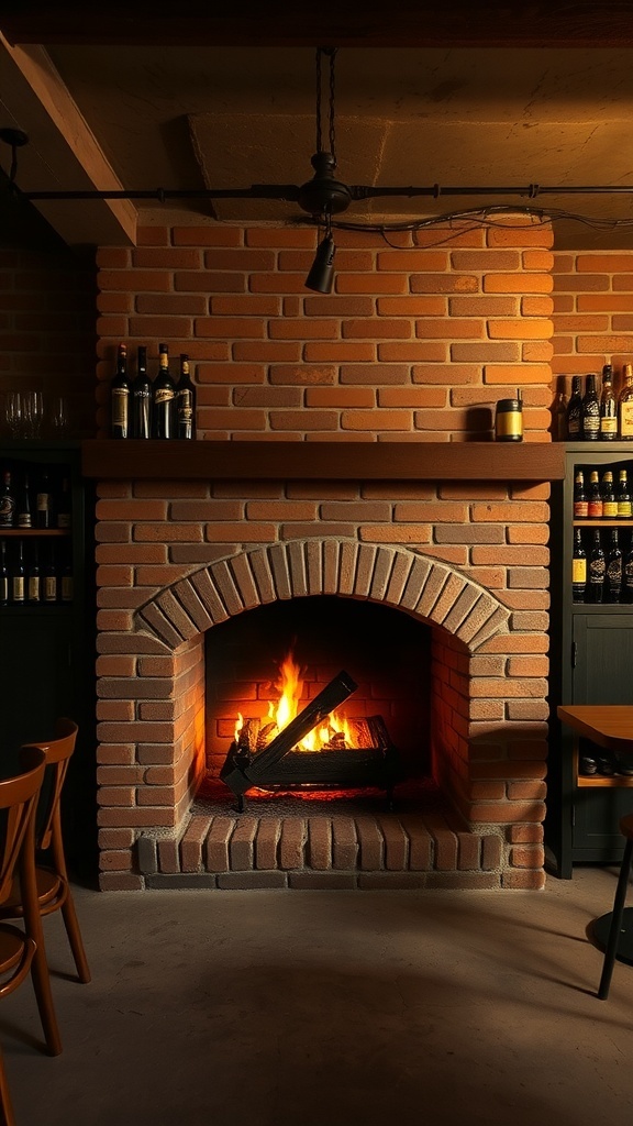 A rustic brick fireplace with a warm fire, surrounded by wooden chairs and shelves of bottles.