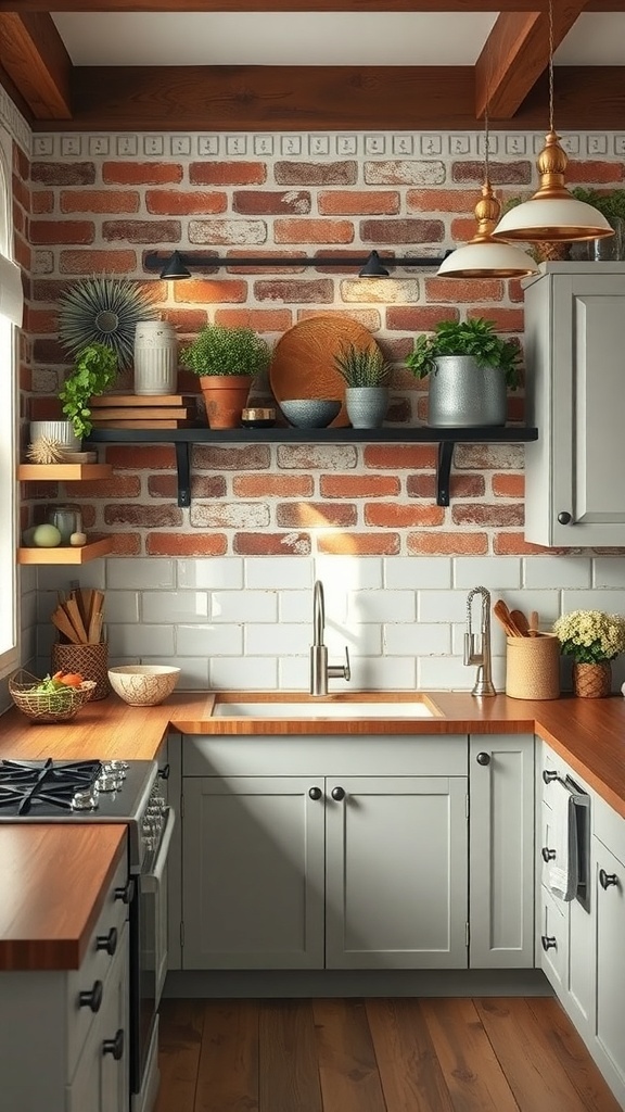 A modern farmhouse kitchen featuring rustic brick backsplash, wooden shelves, and stylish decor.