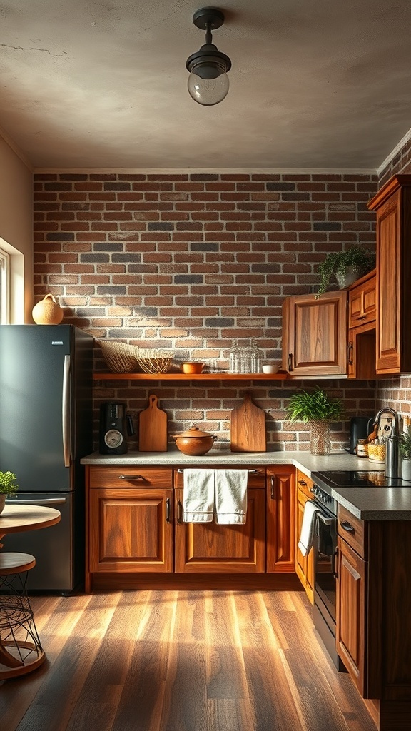 A kitchen featuring a rustic brown brick wall, wooden cabinets, and modern light fixtures.