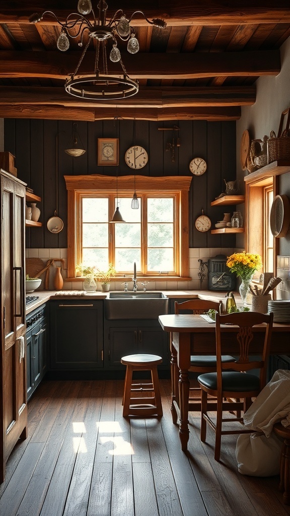 A rustic farmhouse kitchen featuring brown wood elements and warm lighting.