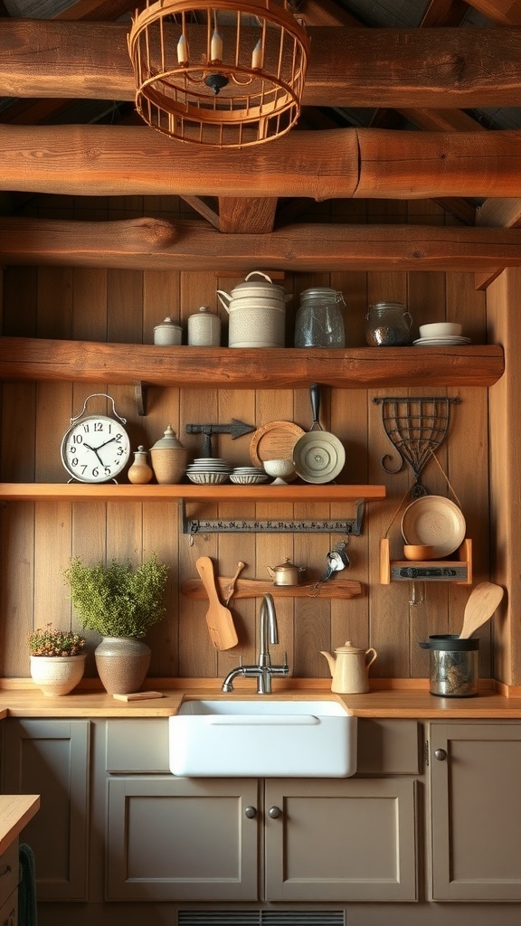 A rustic kitchen with brown wood accents, featuring open shelves, a farmhouse sink, and vintage lighting.