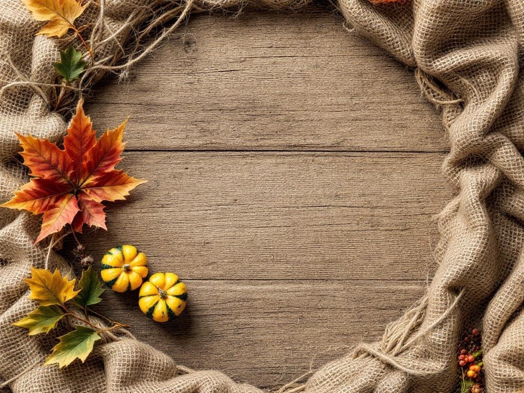A rustic Thanksgiving wreath made of burlap, twine, colorful autumn leaves, and small pumpkins.