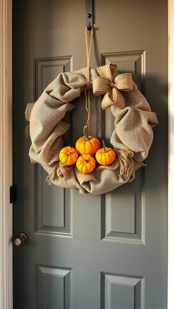 A rustic burlap and twine wreath with small pumpkins, hanging on a door.