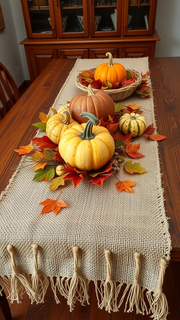 A rustic burlap table runner with pumpkins and autumn leaves on a wooden table.