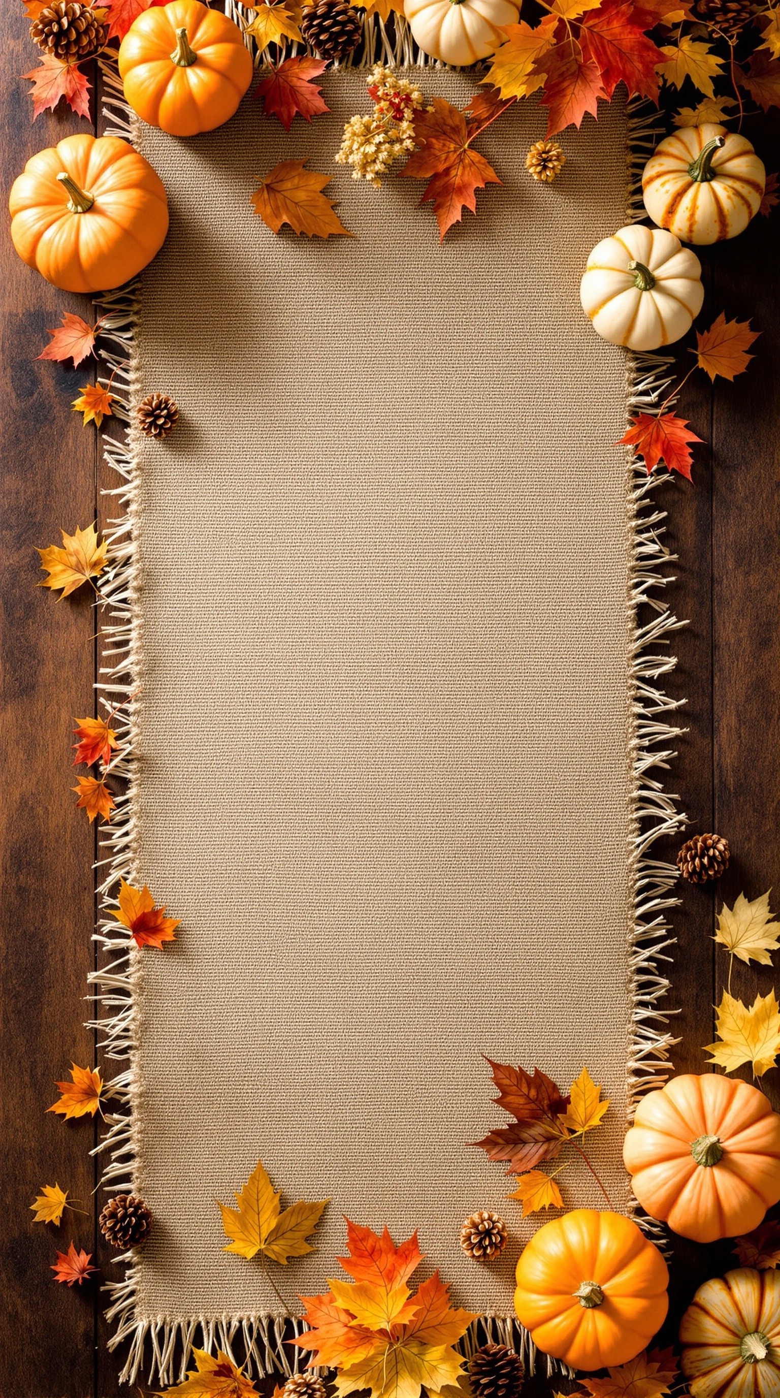 A rustic burlap table runner on a wooden table, surrounded by pumpkins and autumn leaves.