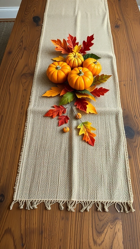 A rustic burlap table runner on a wooden table with pumpkins and autumn leaves.