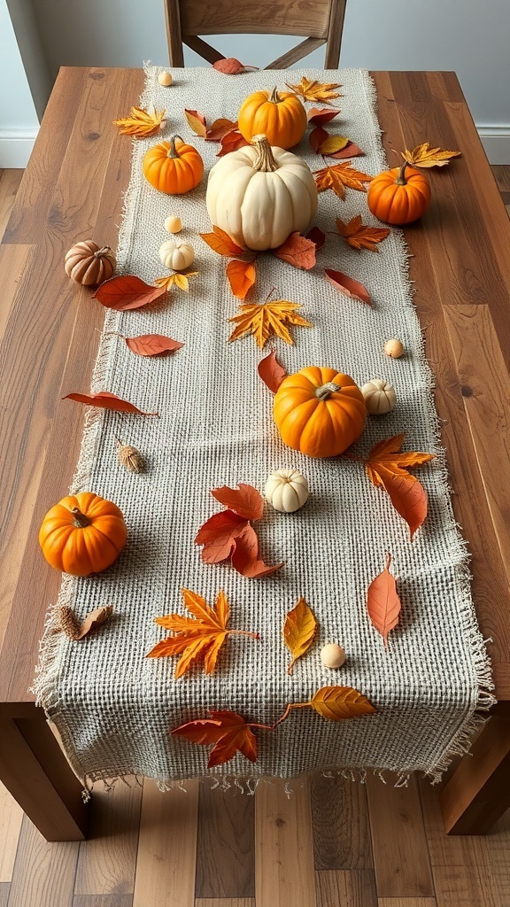 A rustic burlap table runner adorned with pumpkins and autumn leaves on a wooden table.
