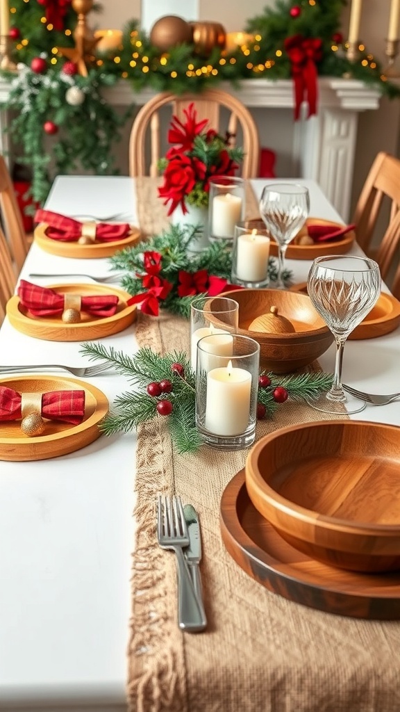 A rustic table setting featuring burlap table runners, wooden dishes, and festive decorations.