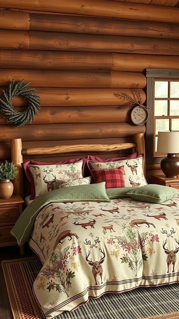 A cozy rustic cabin-inspired bedding set featuring nature-themed designs and warm colors.