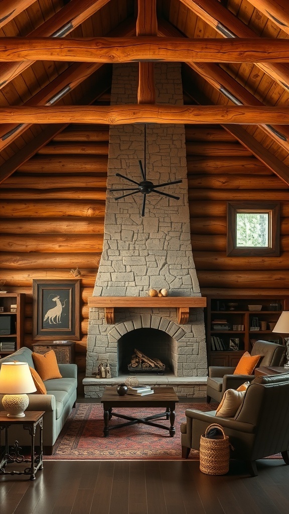 Cozy rustic cabin interior with stone fireplace and wooden beams.