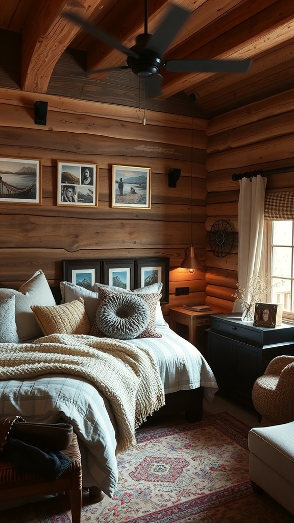A cozy rustic bedroom with wooden walls, a comfortable bed with soft blankets, and plants for decoration.