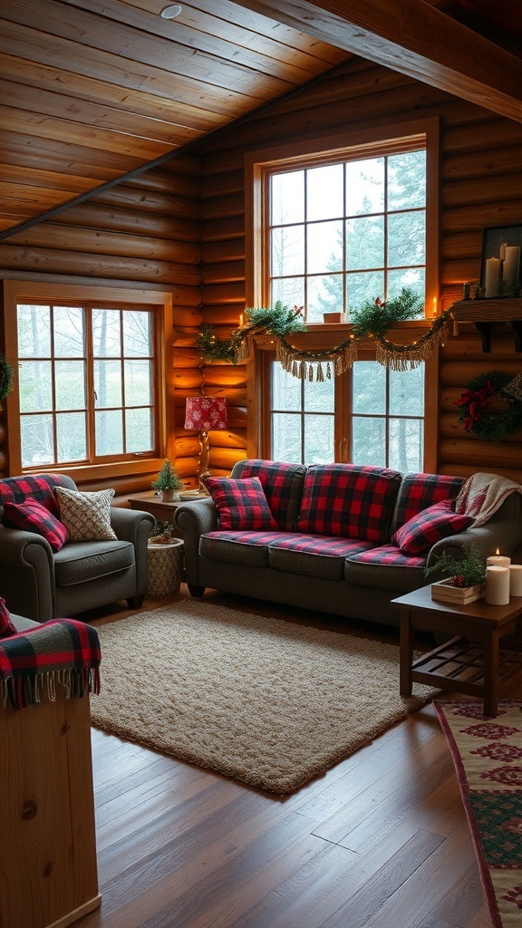Cozy Christmas living room with rustic decor, featuring plaid cushions and wooden accents.