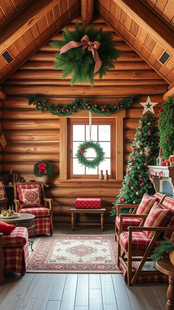 A cozy rustic cabin decorated for Christmas with a tree, wreaths, and plaid furniture.