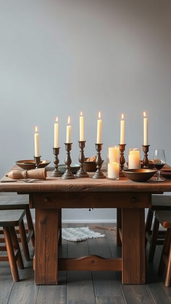 A rustic table setting with candles and simple decor.