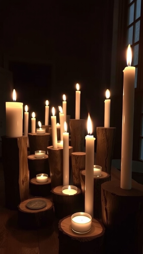 A collection of rustic candle holders made from wood, featuring white candles and a warm glow.