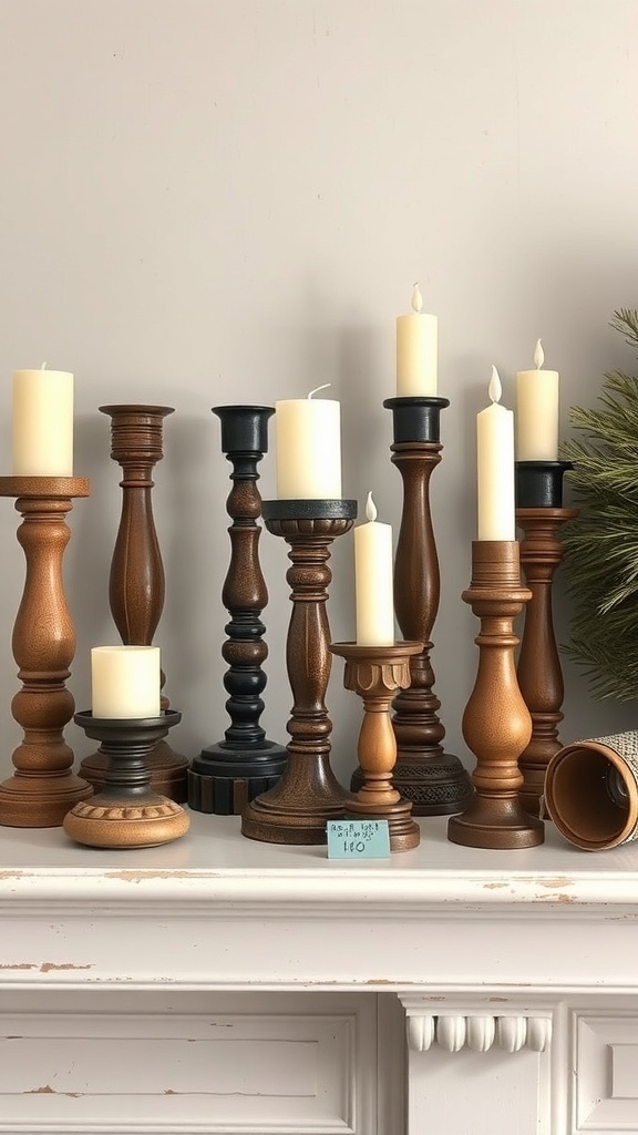 A collection of rustic wooden candle holders in various shapes and sizes, with white candles on top, displayed on a mantel.