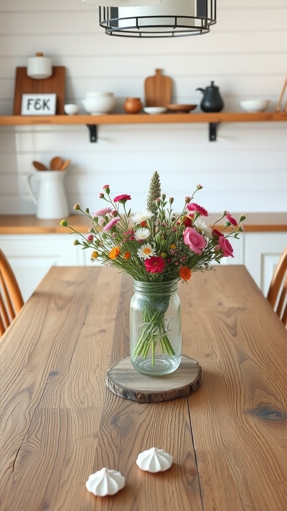 A rustic centerpiece featuring a jar of colorful flowers on a wooden table.