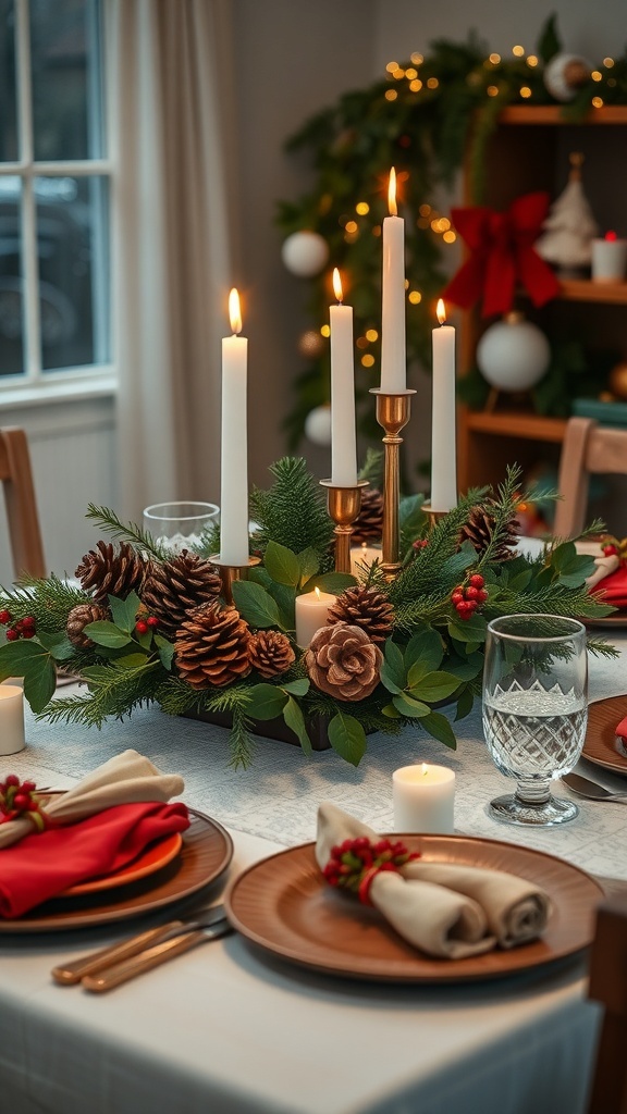 A rustic Christmas table centerpiece featuring pinecones, candles, and greenery, with red napkins and wooden plates.