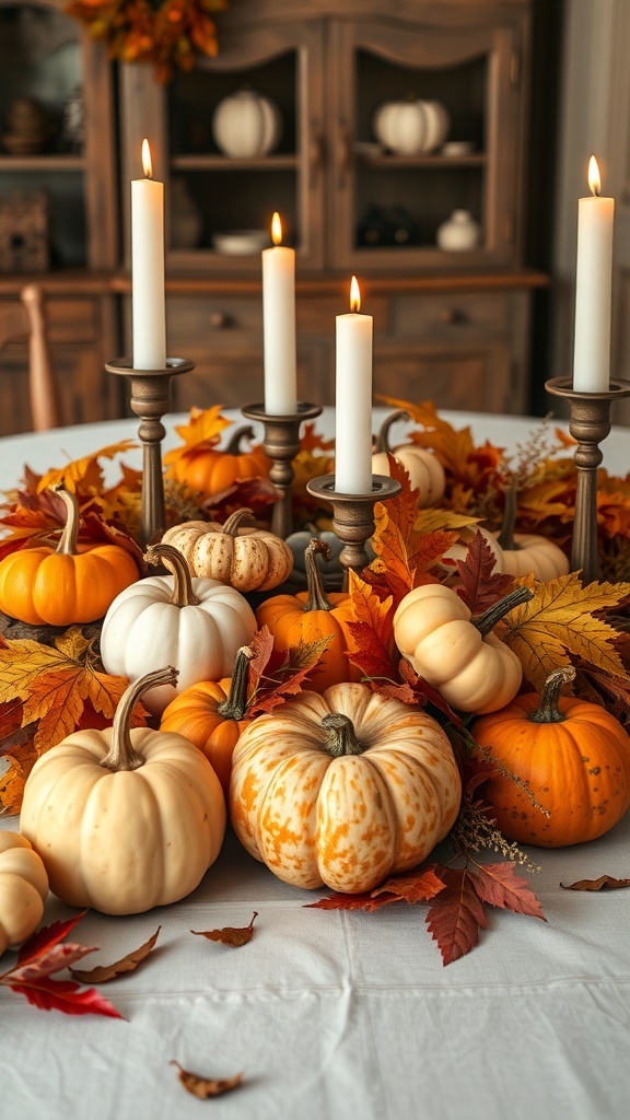 A rustic dining table centerpiece featuring various pumpkins, autumn leaves, and candles.