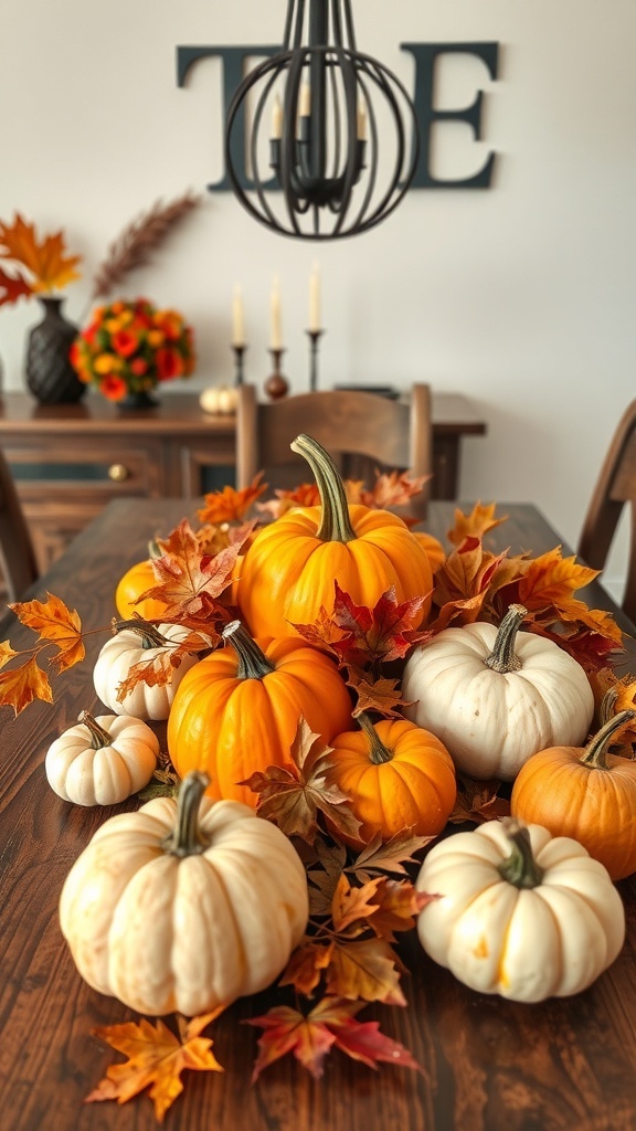 A rustic dining room table centerpiece featuring various pumpkins and autumn leaves.