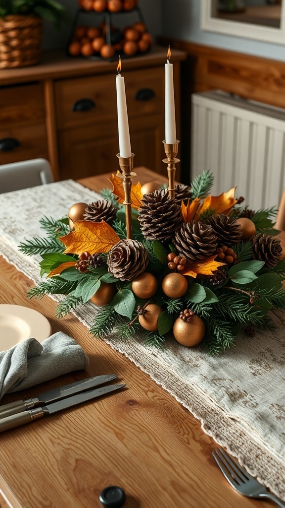 A rustic centerpiece featuring pinecones, golden ornaments, orange leaves, and candles on a wooden table.