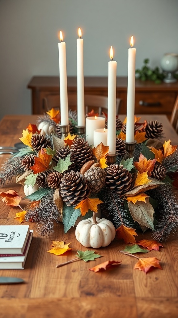 A rustic Thanksgiving centerpiece featuring white candles, pinecones, colorful autumn leaves, and a small white pumpkin on a wooden table.