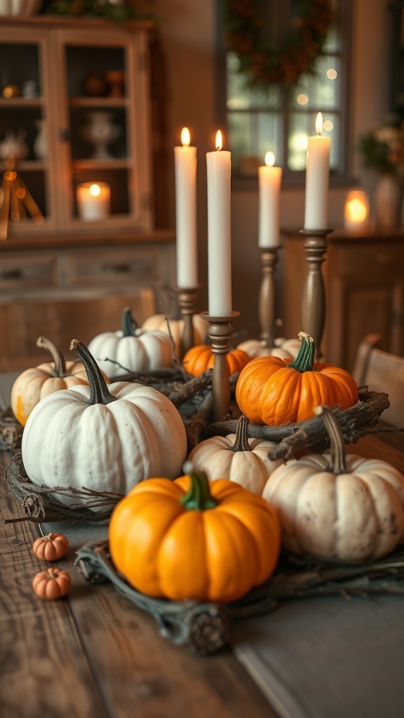 A rustic Thanksgiving centerpiece featuring white and orange pumpkins, tall candles, and a wooden table.