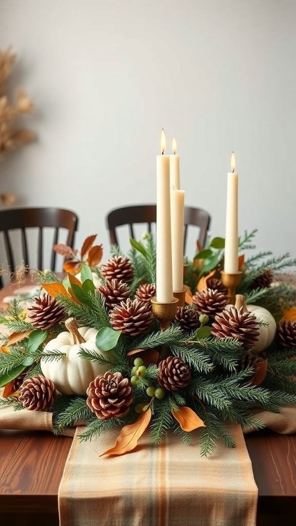 A rustic Thanksgiving centerpiece featuring pinecones, white pumpkins, and candles surrounded by seasonal foliage.