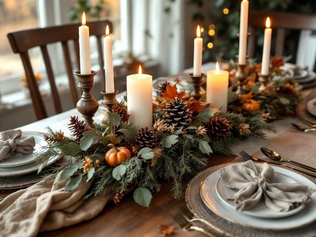 A rustic Thanksgiving table centerpiece featuring candles, pinecones, and seasonal foliage.