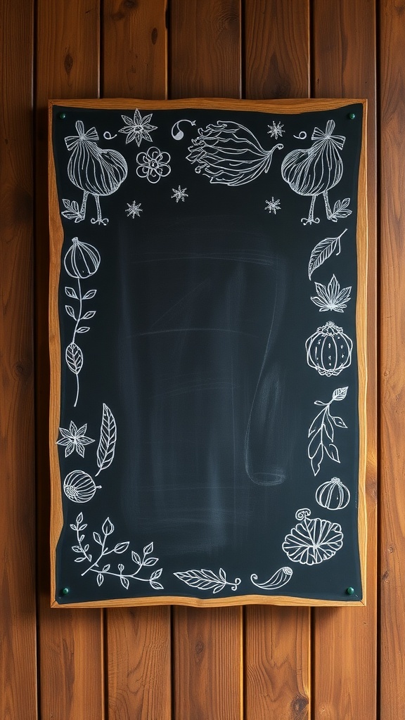 A rustic chalkboard display with a wooden frame hanging on a wall.