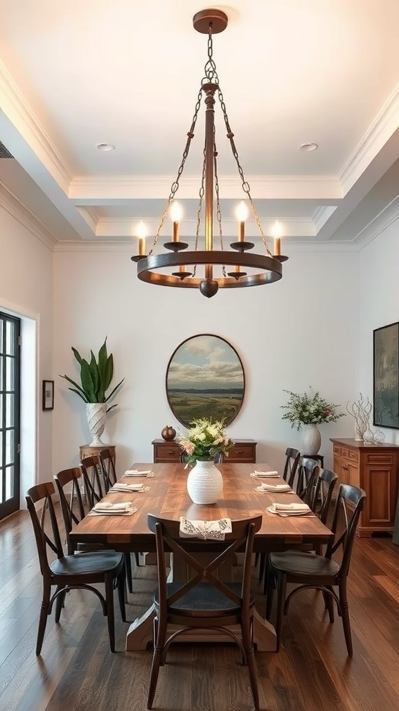 A rustic chandelier hangs over a large wooden dining table in a bright, airy dining room.