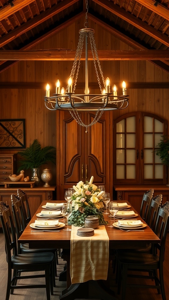 A rustic chandelier hanging above a beautifully set dining table with flowers and elegant tableware.