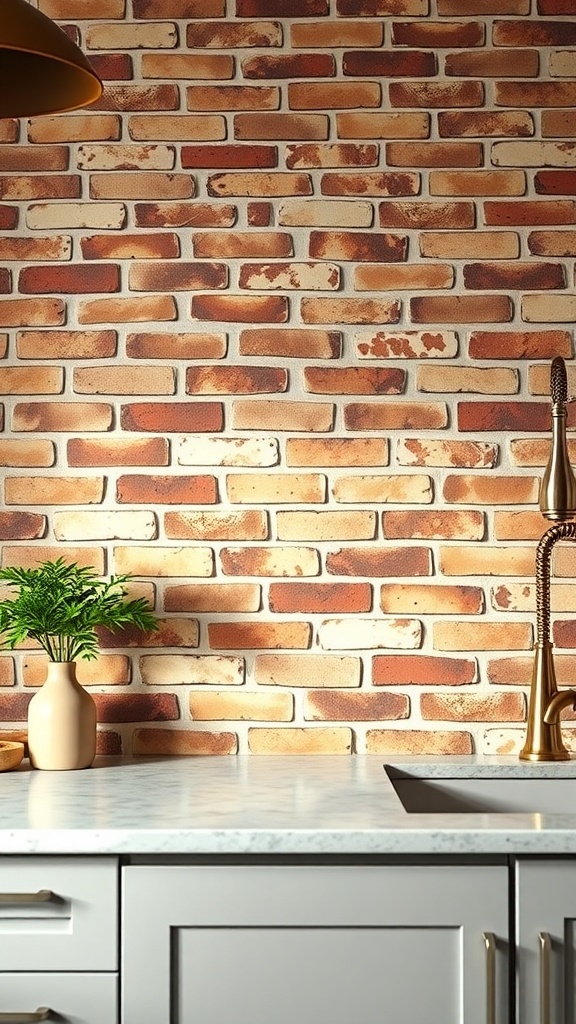 Farmhouse kitchen with exposed brick backsplash and modern fixtures
