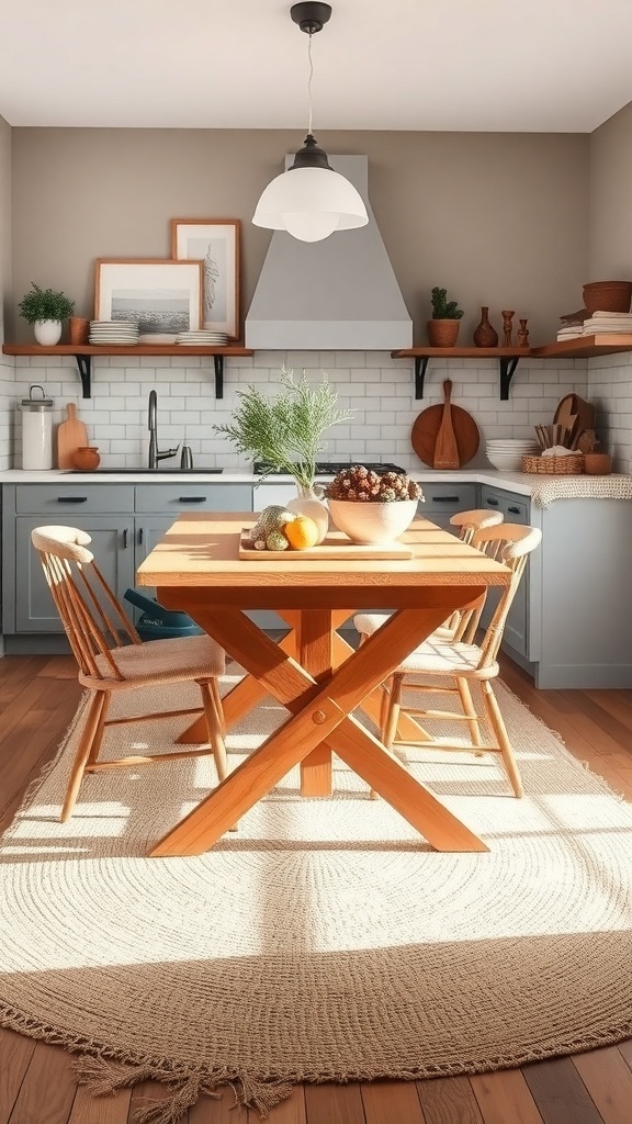 A cozy kitchen featuring a round jute rug under a wooden dining table with chairs.