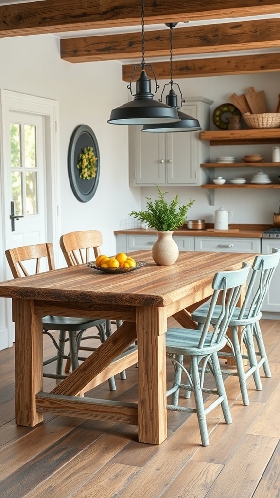 A rustic farmhouse kitchen table made of reclaimed wood with wooden chairs and a vase of greenery.
