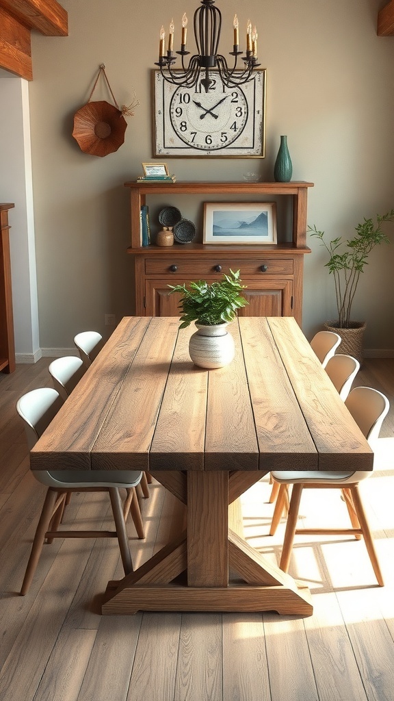 A modern farmhouse dining table made of reclaimed wood with a simple vase and chairs around it.