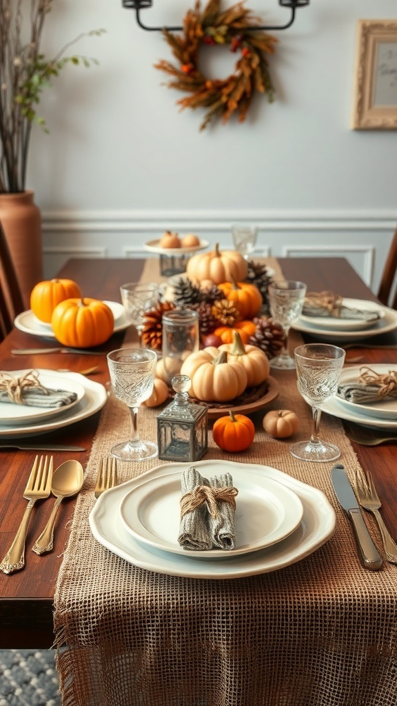 A rustic Thanksgiving table setting with burlap, twine, pumpkins, and pinecones.