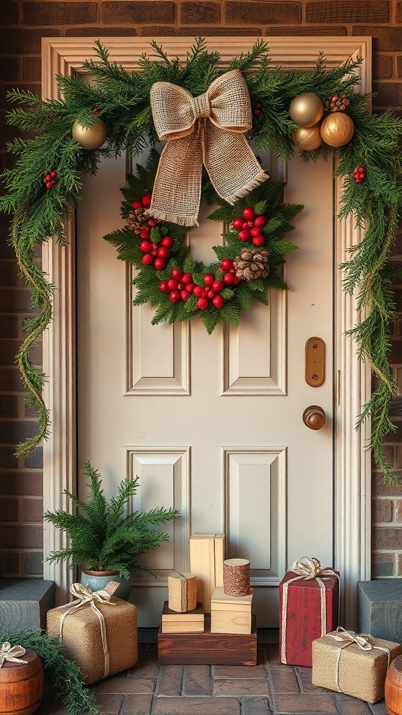 A beautifully decorated Christmas door with burlap, wood accents, and festive greenery.