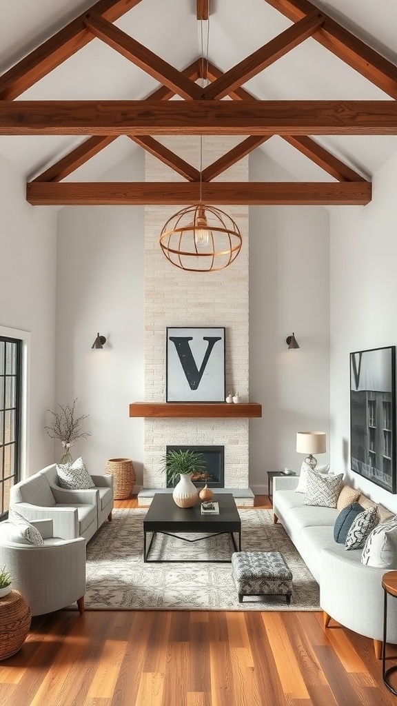 Modern cottage living room with wooden beams and contemporary furniture